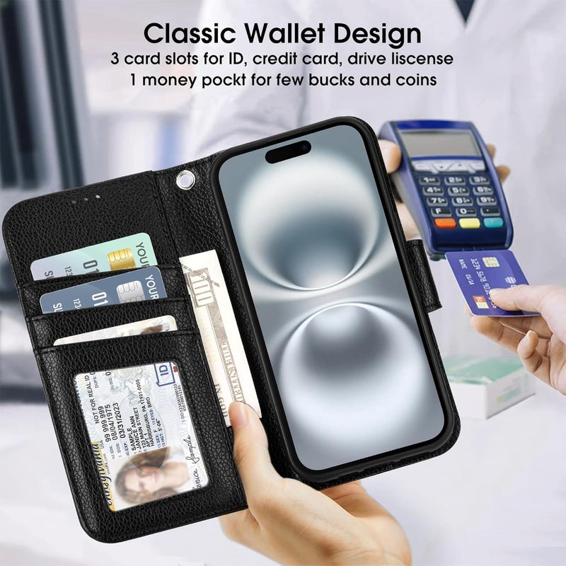 Arae Compatible with iPhone 16 Case Wallet with Card Holder, Wristlet Strap Wallet Flip Cover for iPhone 16 6.1 inch Men/Women, RFID Blocking, Kickstand,Litchi Black - Image 3